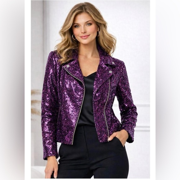 Colleen Lopez Purple Sequin Moto Jacket Size XS Party Mardi Gras Blazer Sparkly - Picture 7 of 8